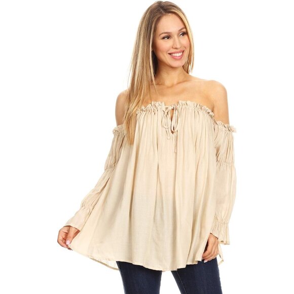Tops - Women's Boho Sheer Peasant Top Off Shoulder Long Sleeve Casual Flowy